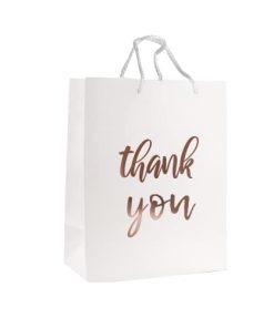 12 Pack Thank You Gift Bags - Elegant Paper Gift Bags With ‘’Thank You’’ Embossed In Rose Gold Foil Letters - Perfect For Birthday Party, Wedding Party, Paper Favor Bags 4"x 7"x 9" Inches - White