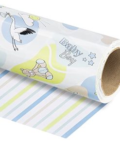 WRAPAHOLIC Reversible Wrapping Paper - 24 inch X 65.6 feet Jumbo Roll Baby Boy Design, Perfect for Kids Birthday, Party, Holiday, Baby Shower Packing