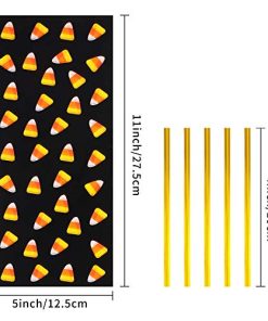 100 Pieces Halloween Cellophane Bags Candy Corn Pattern Cello Treat Bags with 200 Pieces Gold Twist Ties for Chocolate Candy Cookies and Snacks (Transparent)