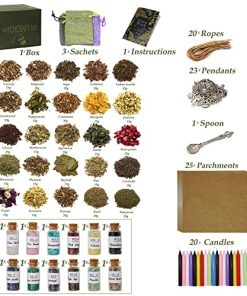 Wiccan Gifts Set for Beginners Women Witchy Valentines Gift Crystals for Witchcraft Supplies Box for Spells Candle for Witches Supplies and Tools Kit with 25 Packs of Herbs and 12 Bottles Crystal Set