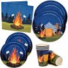 Camping Adventure Party Supplies Tableware Set 24 9" Paper Plates 24 7" Plate 24 9 Oz Cup 50 Lunch Napkin for Camp Out Campfire Forest Nature Hiking Camper Themed Disposable Birthday Baby Shower Decor