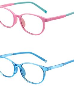 YAROCE Blue Light Glasses for Kids, Upgraded Anti-Slip Eyeglasses Frame, Anti Eye Strain Gaming Computer Blue Light Blocking Glasses for Teens Girls Boys (Cute Pink, Blue Crystal)