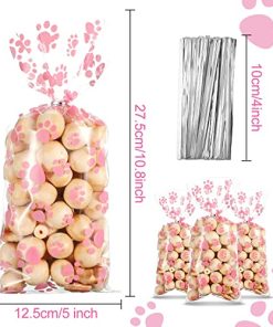 100 Pieces Pet Paw Print Cone Cellophane Bags Heat Sealable Candy Bags Dog Paw Gift Bags Cat Treat Bags with 100 Pieces Silver Twist Ties for Pet Treat Party Favor (Pink)